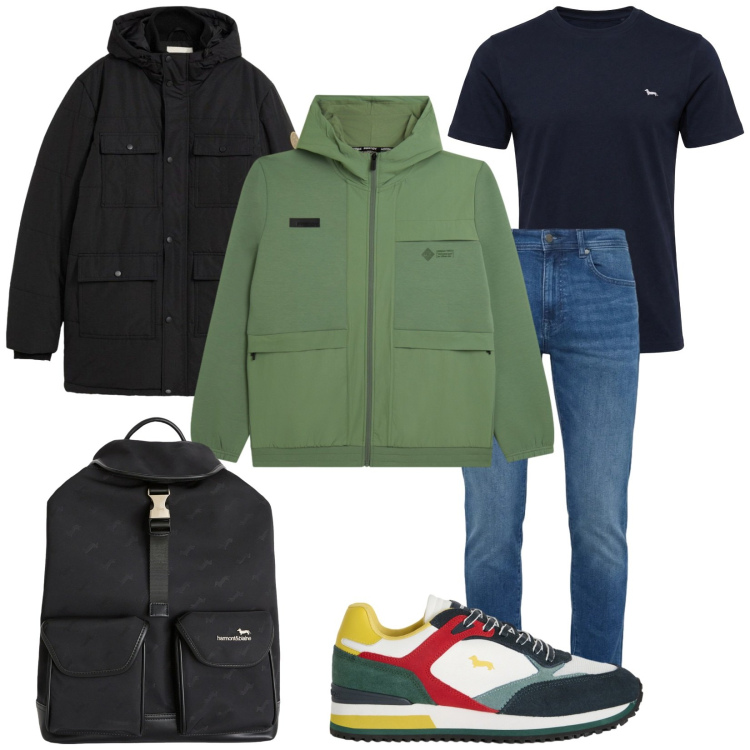 Outfit uomo - Pranzo al parco nazionale. Stile Casual per Tutti i giorni. Abbinamento con parka, sneakers, borse sportive, t-shirt, jeans slim fit, felpe con cappuccio.