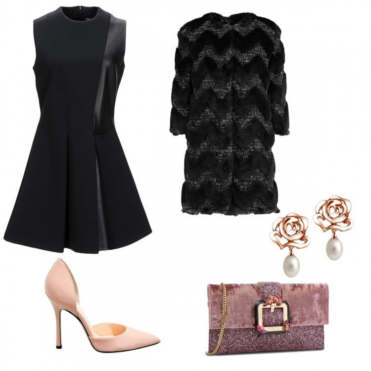 Outfit donna - Chic #2045. Stile Chic per Cerimonia. Abbinamento con ecopelliccia, vestito corto a trapezio contrasto collo tondo senza maniche con zip interno sfoderato jersey, orecchini a pendolo in sterling 925 argento, pochette con strass interno foderato in velluto, décolleté effetto vernice.