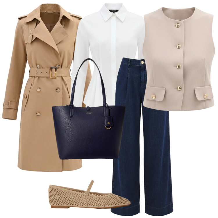 Outfit donna - Comoda in rinascimento. per Tutti i giorni. Abbinamento con jeans dritti, trench, camicie, gilet, ballerine, borse tote.