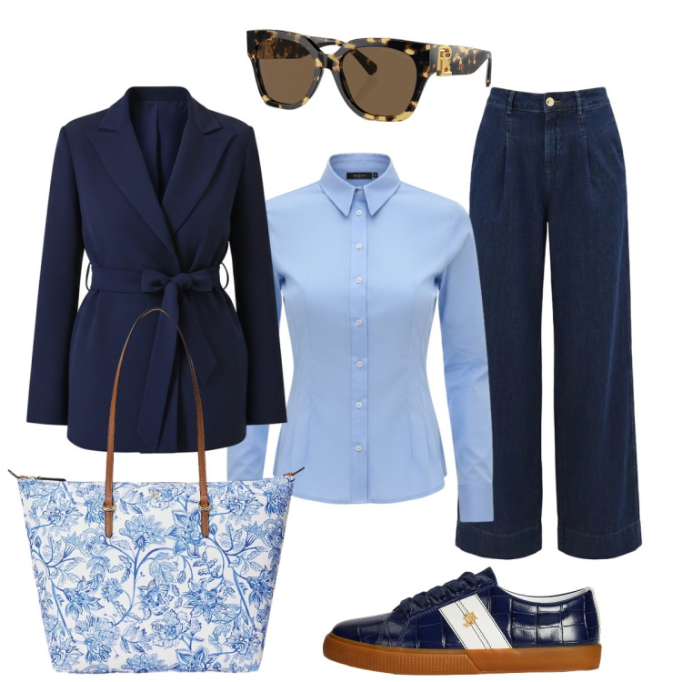 Outfit donna - Pratica per l’ufficio. Stile Minimal per Ufficio. Abbinamento con blazer, camicie, jeans dritti, sneakers, occhiali da sole, borse tote.