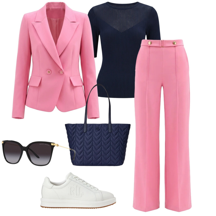 Outfit donna - Ufficio rinascimento. per Ufficio. Abbinamento con pantaloni a palazzo, blazer, t-shirt, occhiali da sole, sneakers, borse tote.