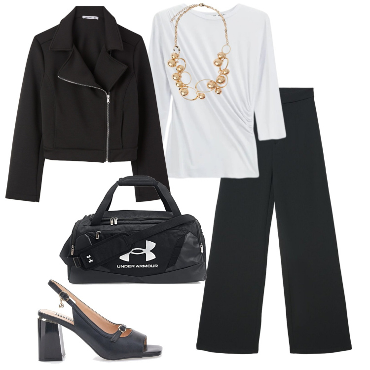 Outfit donna - In città. per Tutti i giorni. Abbinamento con pantaloni, giacche, collane, top, sandali col tacco, zaini.