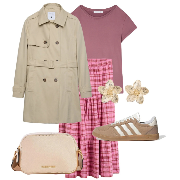 Outfit donna - Total look #2378474. Stile Casual chic per Scuola/Università. Abbinamento con gonne longuette, borse a tracolla, orecchini, t-shirt, trench, sneakers.