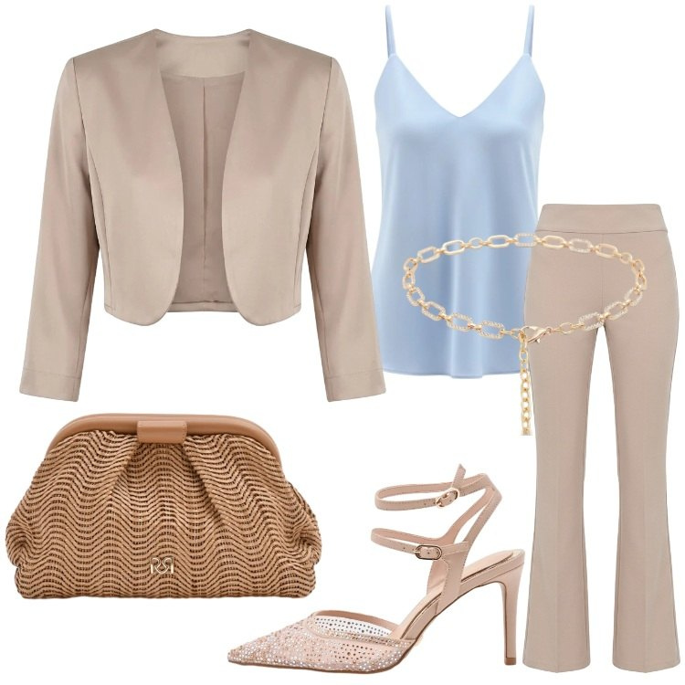 Outfit donna - Tailleur Rinascimento - Cerimonia. Stile Chic per Cerimonia. Abbinamento con pantaloni, blazer, top, décolleté, pochette, cinture.