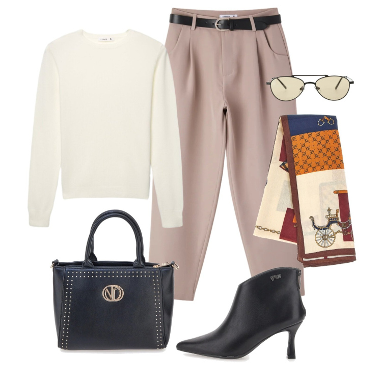 Outfit donna - Total look #2378477. Stile Glamour per Tutti i giorni. Abbinamento con pantaloni, maglieria, occhiali da sole, foulard, stivaletti, borse a mano.