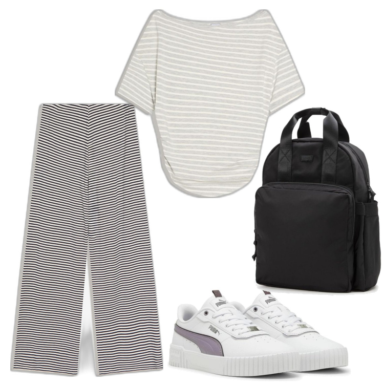 Outfit mujer - Casual. Estilo Casual para Todos los días. Combinación con camiseta, sneakers, mochilas, pantalones.