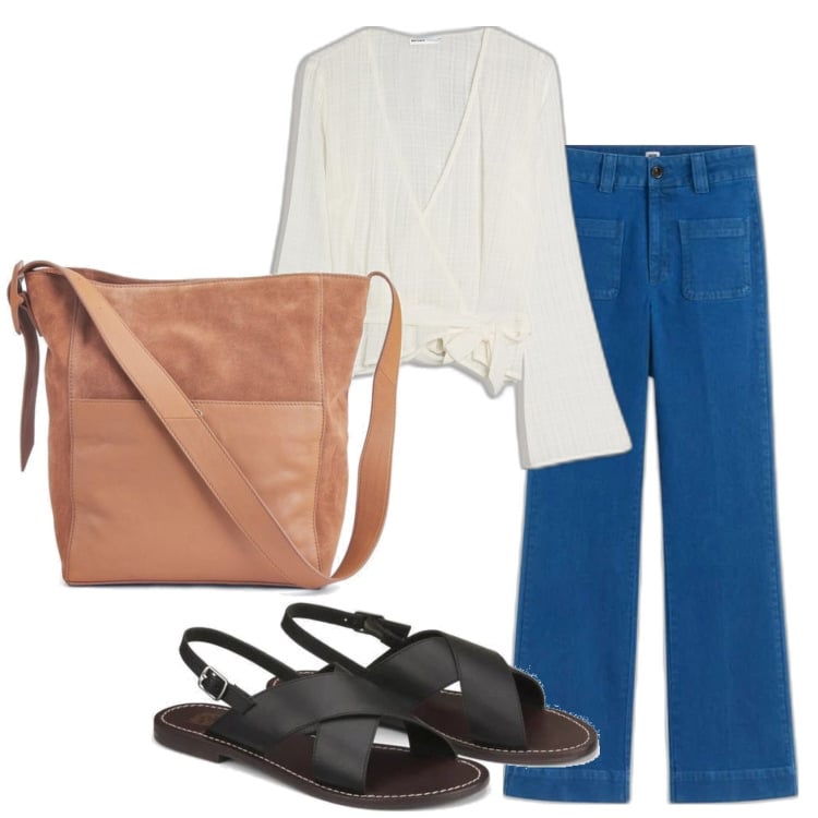 Outfit mujer - Urban style. Estilo Urban para Todos los días. Combinación con blusas, vaqueros bootcut, bolso tote, sandalias de piel.