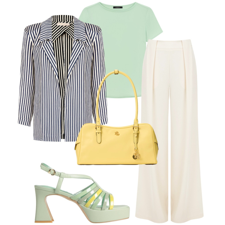 Outfit donna - Tailleur Rinascimento. Stile Casual chic per Tutti i giorni. Abbinamento con sandali in pelle, blazer, t-shirt, pantaloni a palazzo, borse a mano.