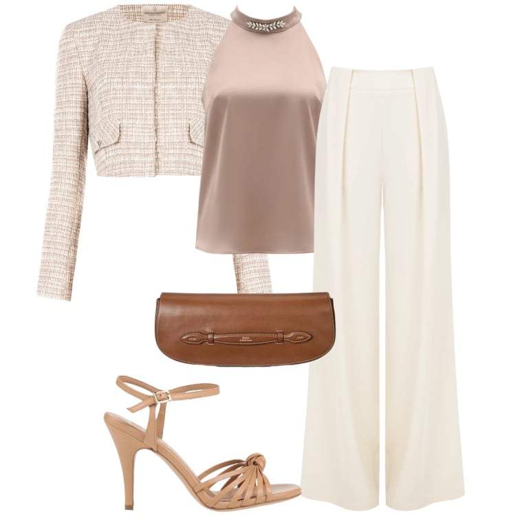 Outfit donna - Tailleur Rinascimento. Stile Chic per Cerimonia. Abbinamento con sandali in pelle, pantaloni a palazzo, top, blazer, clutch.