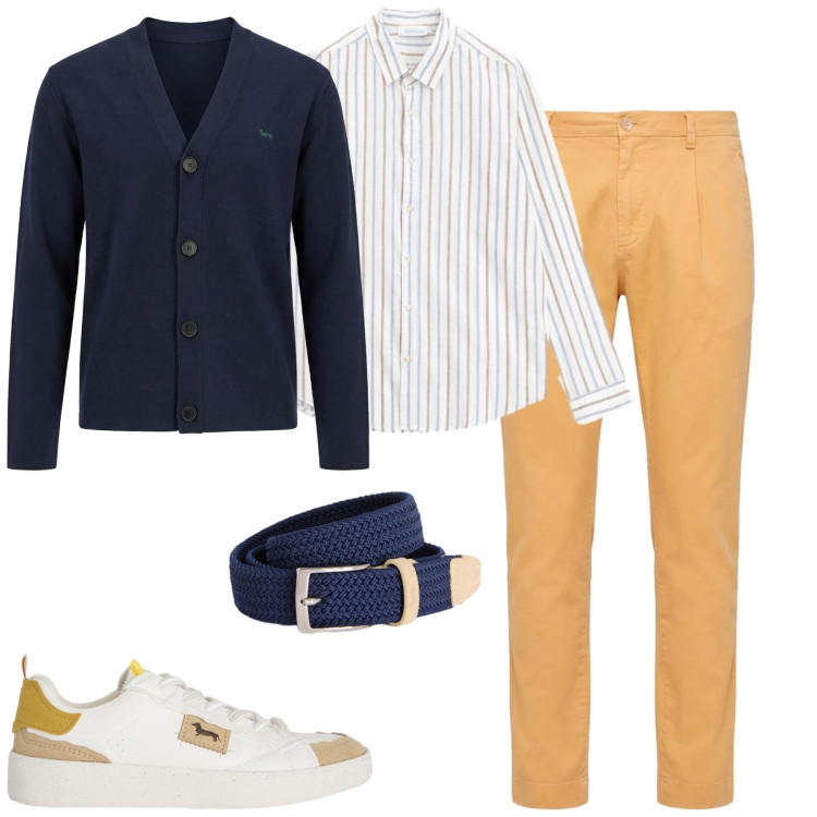 Outfit uomo - Aprile. Stile Urban per Tutti i giorni. Abbinamento con camicie, sneakers, cinture, cardigans, pantaloni.