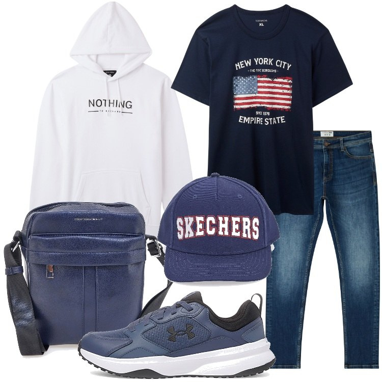 Outfit uomo - Allo stadio. Stile Casual per Tutti i giorni. Abbinamento con jeans skinny, cappelli, felpe con cappuccio, t-shirt, scarpe sportive, borse sportive.