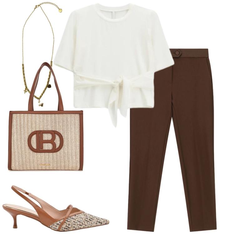 Outfit donna - City. Stile Urban per Tutti i giorni. Abbinamento con pantaloni, t-shirt, décolleté, ciondoli, borse a spalla.