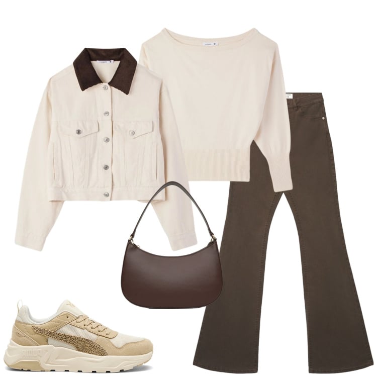 Outfit donna - Aprile. Stile Casual per Tutti i giorni. Abbinamento con jeans a zampa, sneakers, pullovers, cappotti, borse a tracolla.