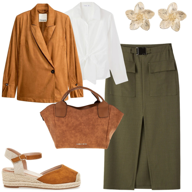 Outfit donna - City. Stile Casual chic per Tutti i giorni. Abbinamento con blazer, orecchini, gonne longuette, camicie, borse a mano, zeppe.