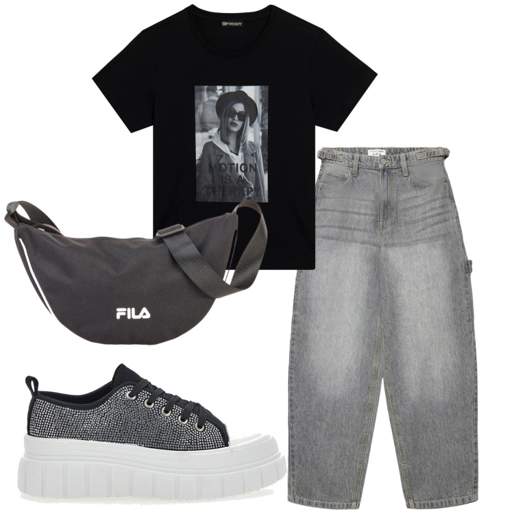Outfit donna - Total look #2378514. Stile Casual per Tutti i giorni. Abbinamento con borse a tracolla, jeans, t-shirt, sneakers.