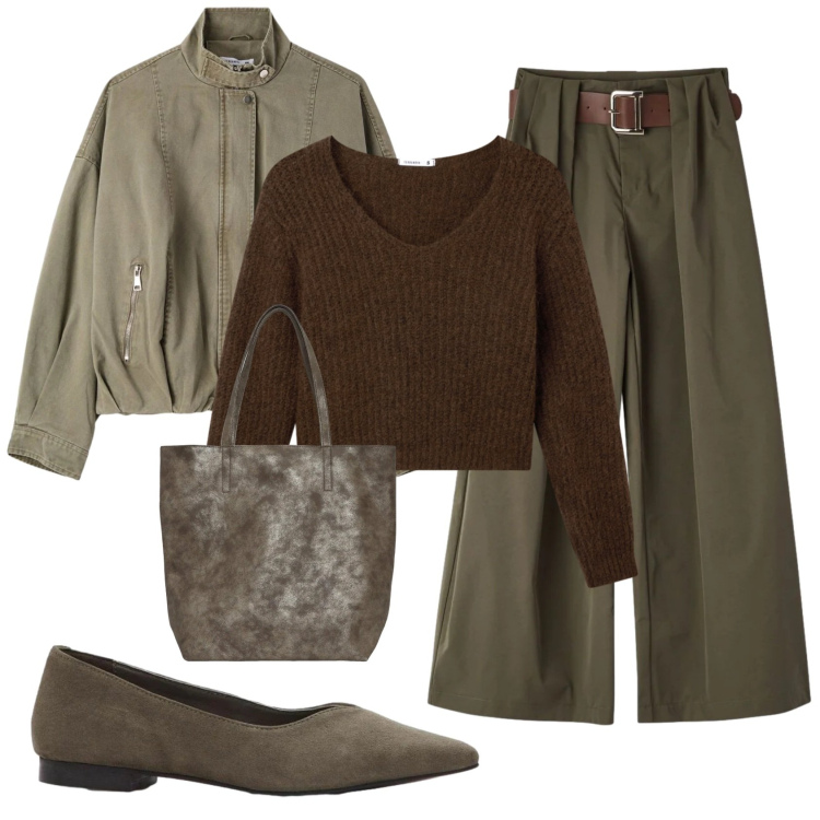 Outfit donna - Total look #2378527. Stile Trendy per Tutti i giorni. Abbinamento con ballerine, pantaloni, bomber, shopping bag, maglieria.