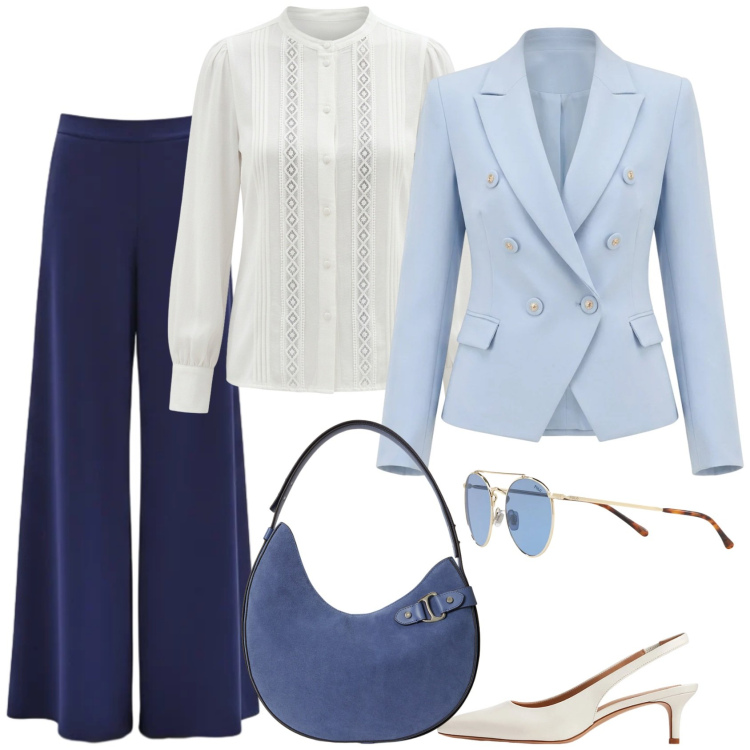 Outfit donna - Chiaro e scuro. Stile Chic per Cerimonia. Abbinamento con blazer, pantaloni a palazzo, camicie, décolleté, borse a spalla, occhiali da sole.
