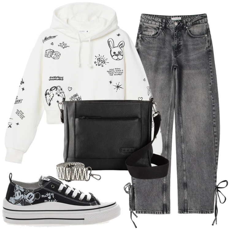 Outfit donna - Total look #2378531. Stile Casual per Tutti i giorni. Abbinamento con borse a tracolla, felpe con cappuccio, jeans, sneakers.
