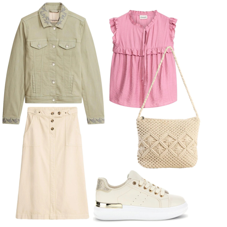 Outfit donna - Total look #2378536. Stile Casual per Tutti i giorni. Abbinamento con gonne longuette, cappotti, borse a tracolla, bluse, sneakers.