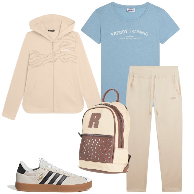 Outfit donna - Total look #2378539. Stile Sporty chic per Sport. Abbinamento con zaini, pantaloni, felpe con cappuccio, t-shirt, sneakers.