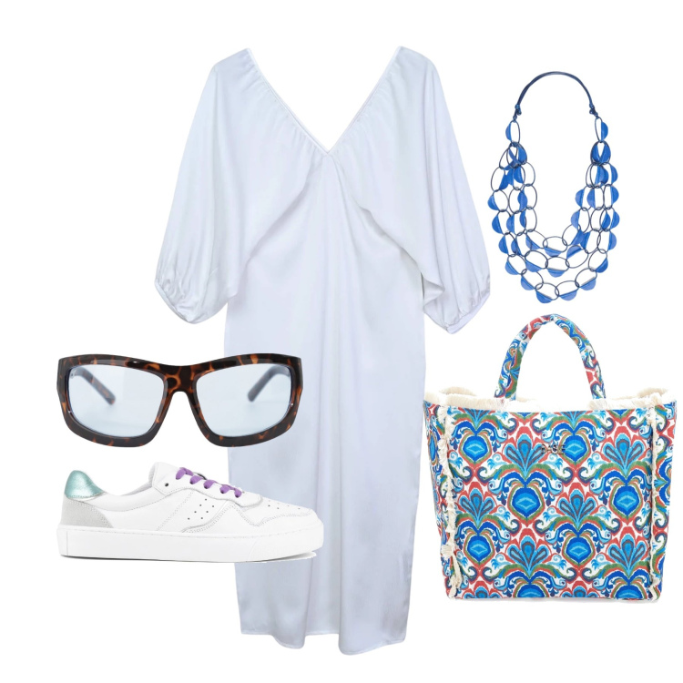 Outfit donna - Aprile. Stile Trendy per Tutti i giorni. Abbinamento con vestiti lunghi, collane, occhiali da sole, shopping bag, sneakers.