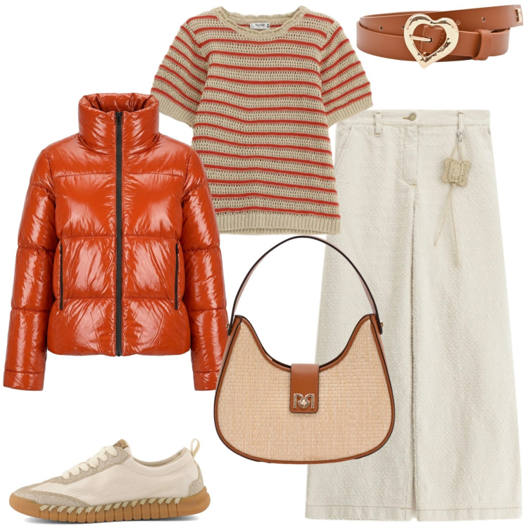 Outfit donna - Freedom. Stile Casual per Tutti i giorni. Abbinamento con pantaloni a palazzo, t-shirt, borse a spalla, cinture, piumini, sneakers.