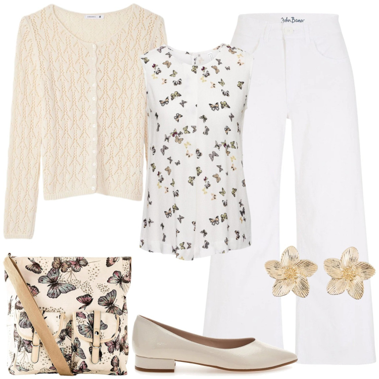 Outfit donna - Jeans wide leg bianco!. Stile Casual chic per Tutti i giorni. Abbinamento con canottiere, jeans, borse a tracolla, orecchini, cardigans, ballerine.