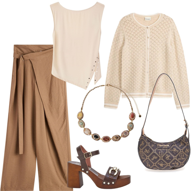 Outfit donna - Freedom. Stile Trendy per Tutti i giorni. Abbinamento con cardigans, pantaloni, top, collane, zoccoli, borse a tracolla.