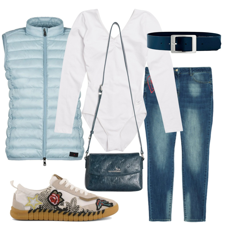 Outfit donna - Verso il molo. Stile Casual per Mare. Abbinamento con cinture, jeans skinny, borse a tracolla, body, piumini, sneakers.