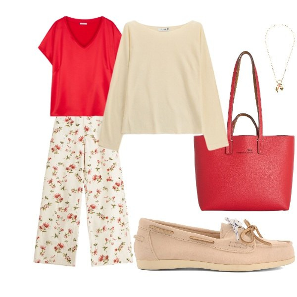 Outfit donna - mocassini leggeri. Stile Basic per Tutti i giorni. Abbinamento con t-shirt, pantaloni a palazzo, maglieria, shopping bag, ciondoli, mocassini.