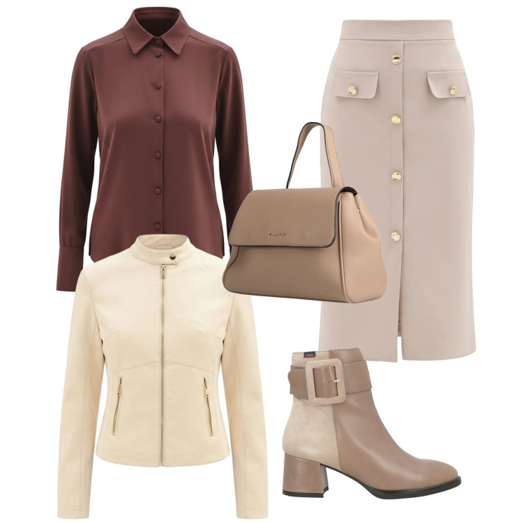 Outfit donna - Gonna tortora. Stile Bon Ton per Ufficio. Abbinamento con stivaletti, zaini, giacche, gonne longuette, camicie.
