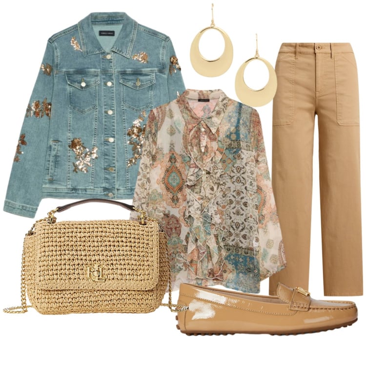 Outfit donna - Domenica in laguna. Stile Glamour per Mare. Abbinamento con camicie, blazer, pantaloni, borse a spalla, mocassini, orecchini.