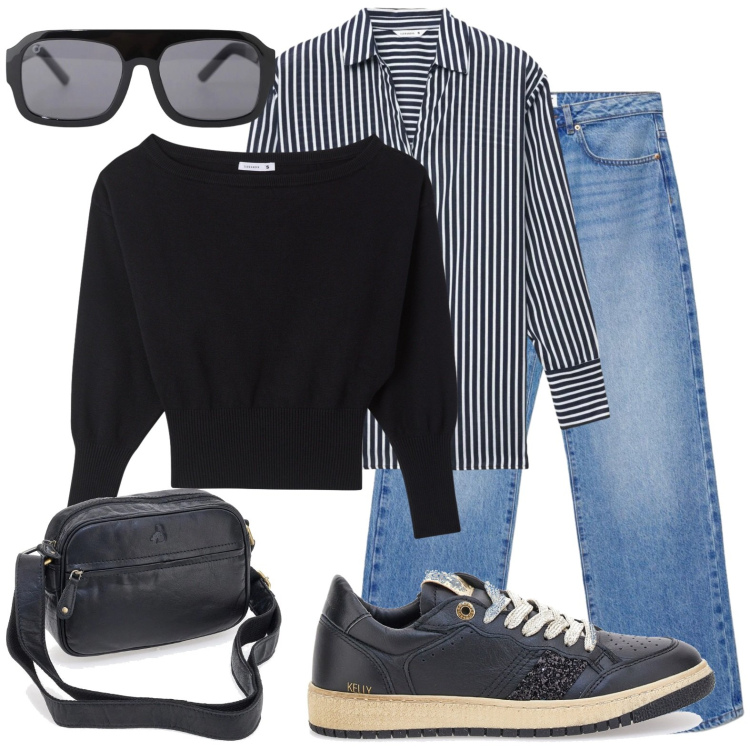 Outfit donna - Abbigliamento in viaggio. Stile Casual chic per Tutti i giorni. Abbinamento con pullovers, camicie, jeans dritti, occhiali da sole, borse a tracolla, sneakers.