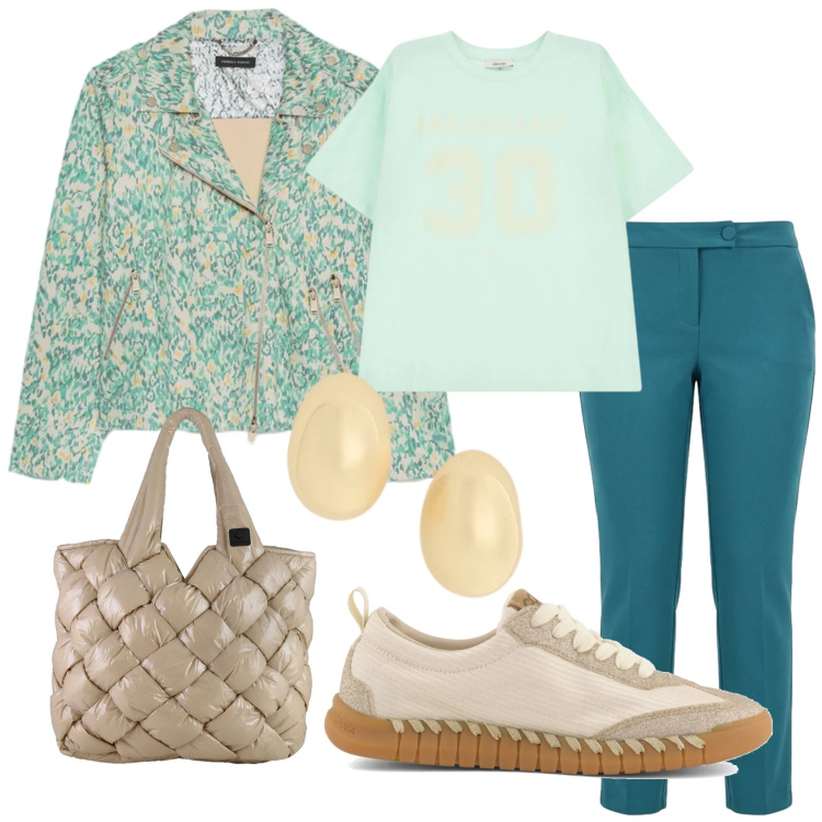 Outfit donna - Camminate sl sole. Stile Casual per Tutti i giorni. Abbinamento con blazer, pantaloni, t-shirt, borse tote, orecchini, sneakers.