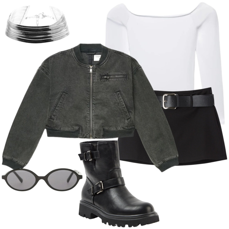Outfit donna - Minigonna nera. Stile Rock per Scuola/Università. Abbinamento con minigonne, stivaletti, t-shirt, bomber, occhiali da sole, braccialetti.