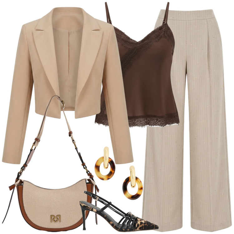 Outfit donna - Elegante con grinta. Stile Sexy per Cerimonia. Abbinamento con décolleté, pantaloni a palazzo, canottiere, borse a tracolla, bolero, orecchini.