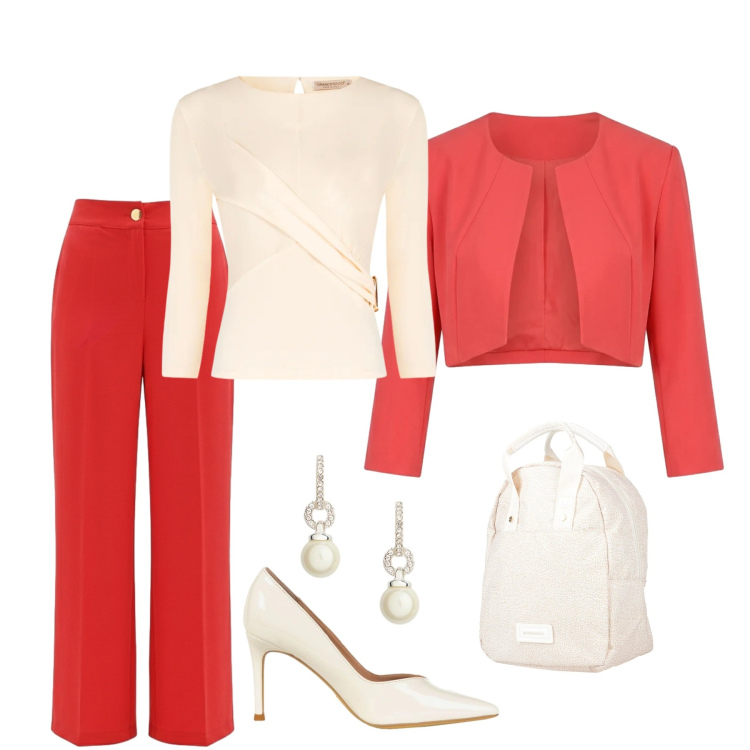 Outfit donna - Tailleur rosso fragola. Stile Bon Ton per Ufficio. Abbinamento con zaini, bolero, bluse, pantaloni, décolleté, orecchini.