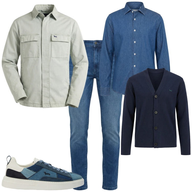 Outfit uomo - Trendy tempo libero. Stile Trendy per Tutti i giorni. Abbinamento con cardigans, giacche, jeans slim fit, camicie, sneakers.
