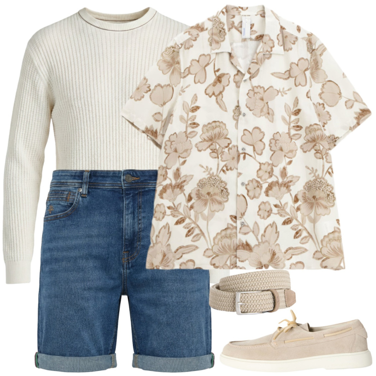 Outfit uomo - Floral Vibes: Relax in Denim. Stile Urban per Tutti i giorni. Abbinamento con scarpe stringate, cinture, bermuda, maglieria, camicie a manica corta.