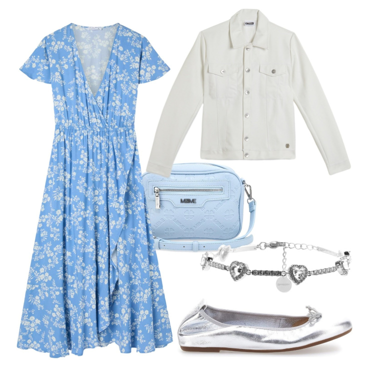 Outfit donna - Abito a portafoglio. Stile Romantica per Tutti i giorni. Abbinamento con vestiti lunghi, giacche, braccialetti, ballerine, borse a tracolla.
