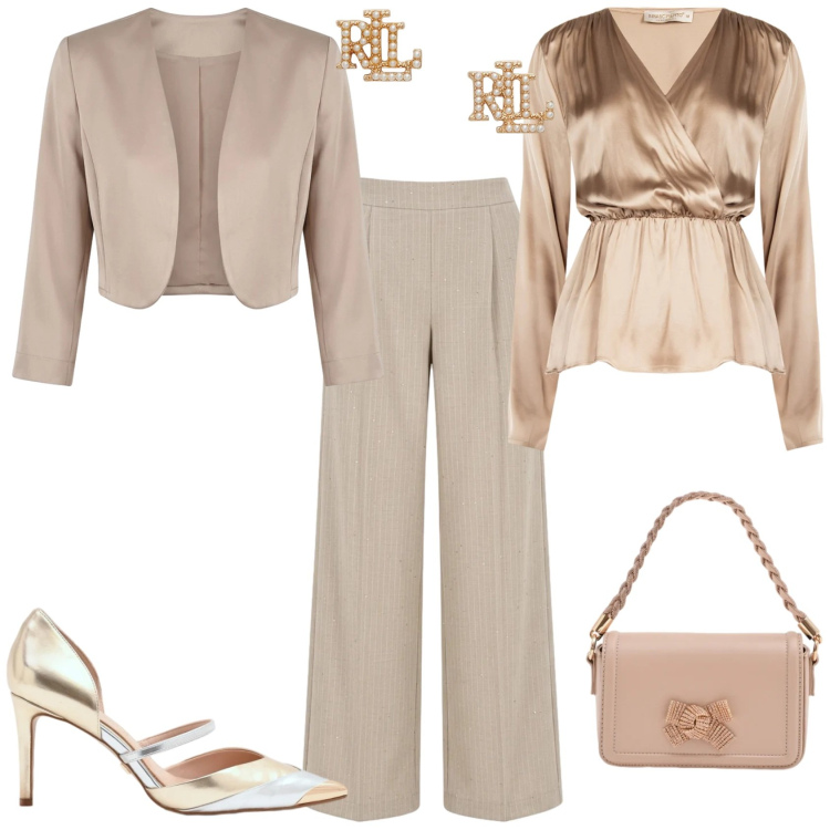 Outfit donna - Chic cerimonia evento serata. Stile Chic per Cerimonia. Abbinamento con orecchini, bluse, pantaloni a palazzo, décolleté, pochette, blazer.