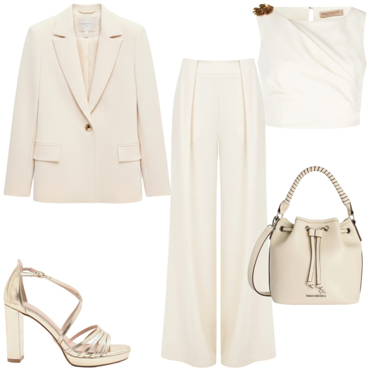 Outfit donna - La giacca con li retro in pizzo. Stile Chic per Cerimonia. Abbinamento con blazer, pantaloni a palazzo, sandali col tacco, top, borse a secchiello.