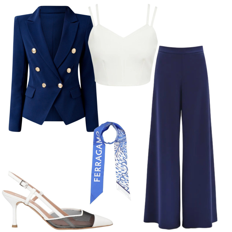 Outfit donna - Cerimonia in blu. Stile Chic per Cerimonia. Abbinamento con décolleté, sciarpe, pantaloni a palazzo, blazer, top.
