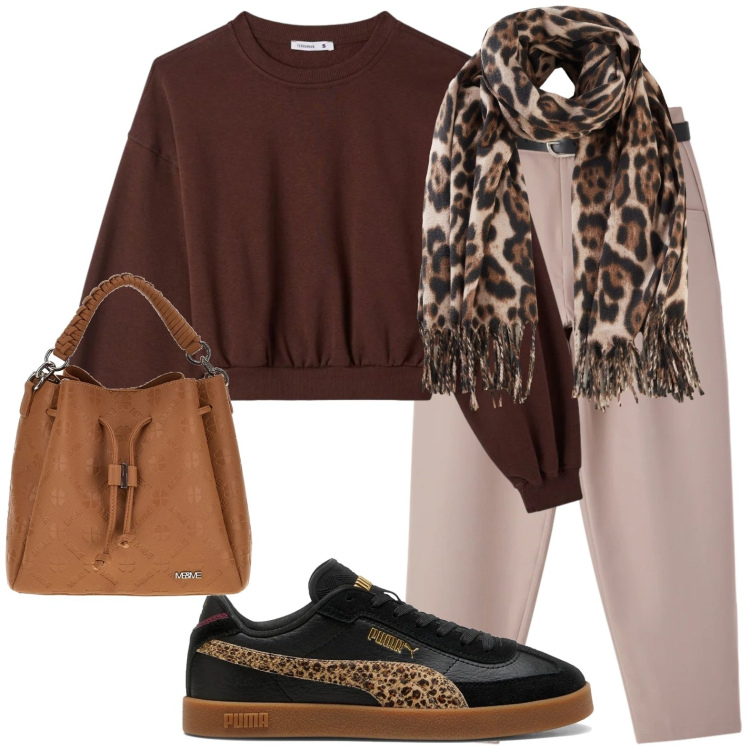 Outfit donna - Borsa secchiello. Stile Casual chic per Scuola/Università. Abbinamento con foulard, felpe, pantaloni, borse a tracolla, sneakers.