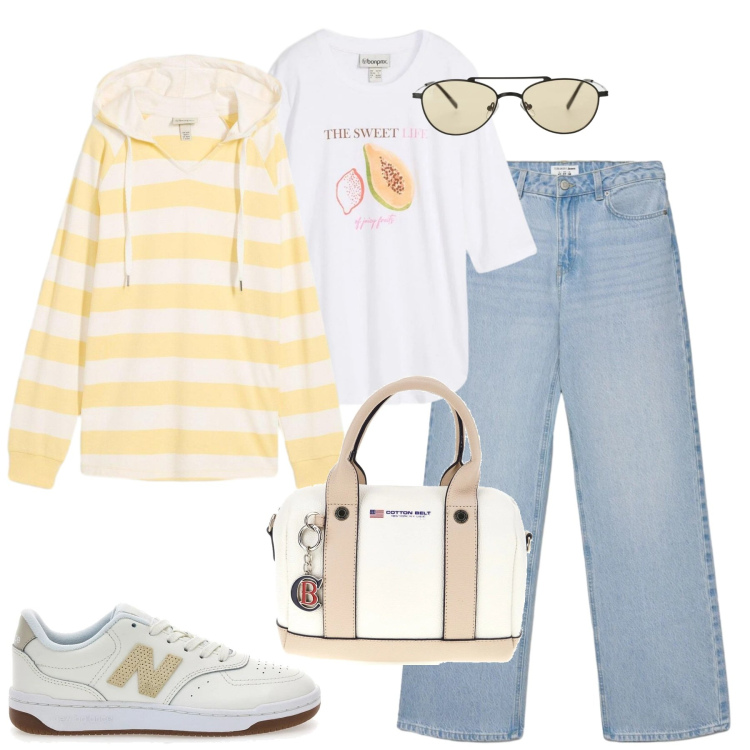 Outfit donna - Aprile felpa e jeans. Stile Casual per Tutti i giorni. Abbinamento con felpe con cappuccio, t-shirt, jeans, occhiali da sole, borse a mano, sneakers.