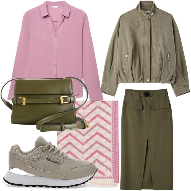 Outfit donna - Verde oliva e rosa. Stile Trendy per Tutti i giorni. Abbinamento con borse a tracolla, foulard, sneakers, camicie, bomber, gonne longuette.