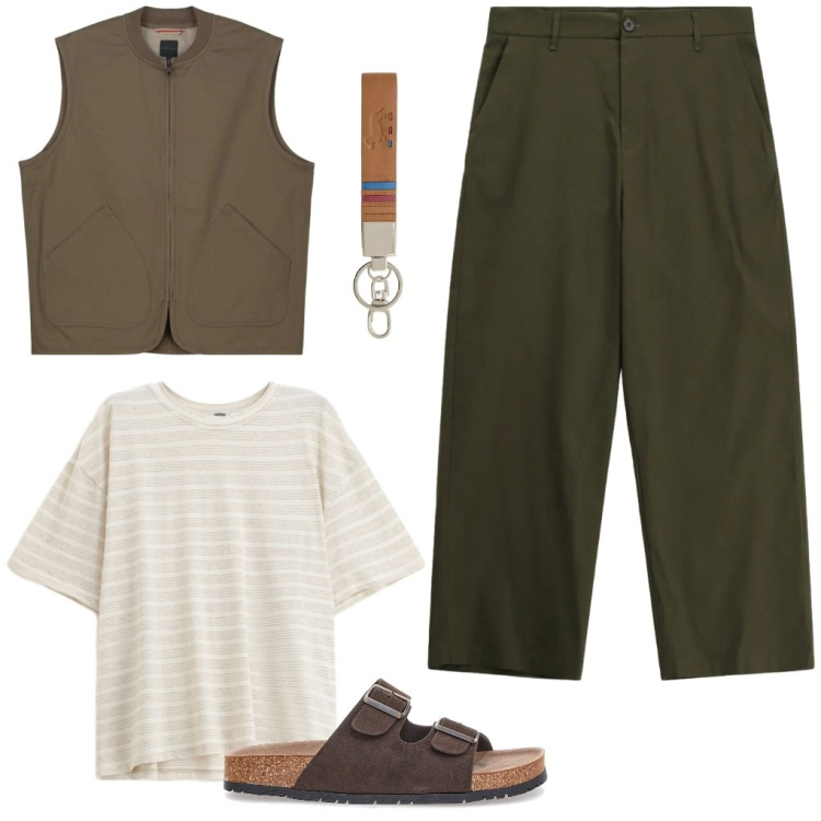 Outfit uomo - #comoditá. Stile Trendy per Tutti i giorni. Abbinamento con pantaloni, t-shirt, portachiavi, gilet, sandali.