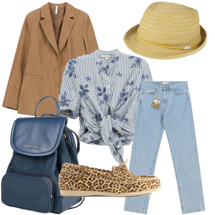 Outfit donna - La camicia con il nodo. Stile Urban per Tutti i giorni. Abbinamento con zaini, cappelli, camicie a manica corta, jeans dritti, blazer, mocassini.