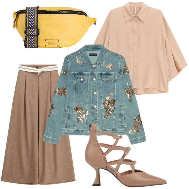 Outfit donna - Denim e paillettes. Stile Casual per Tutti i giorni. Abbinamento con décolleté, marsupi, blazer, pantaloni a palazzo, camicie.