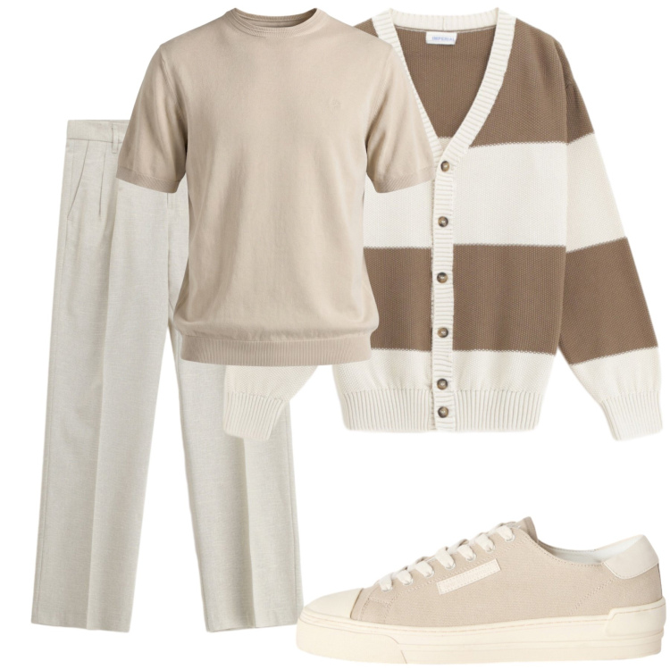Outfit uomo - Beige Harmony: Il Pranzo della Domenica. Stile Casual per Tutti i giorni. Abbinamento con pantaloni, cardigans, sneakers, t-shirt.